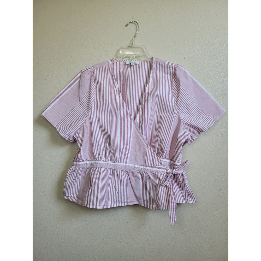 Madewell Pink White Striped Cotton Wrap Peplum Top Short Sleeve V-Neck XXL